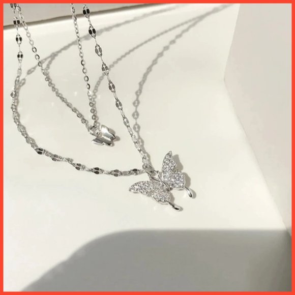 925 Hallmark Silver Butterfly Double Chain Necklace - Picture 3 of 4